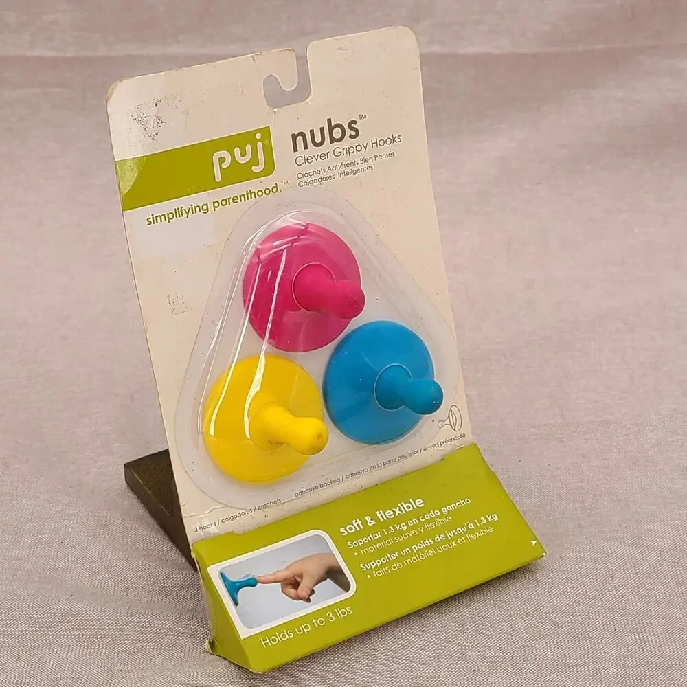 Puj Nubs Clever Grippy Flexible Hooks Adhesive Peel & Stick Back CMY 3PK New